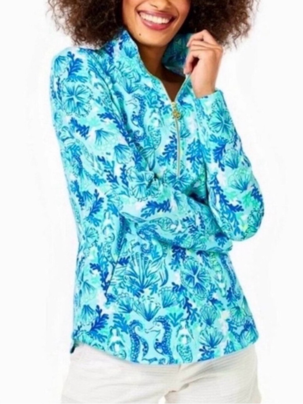 Lilly Pulitzer Skipper Popover UPF Mermaid Seahorse Sea Glass Aqua Medium NWT
